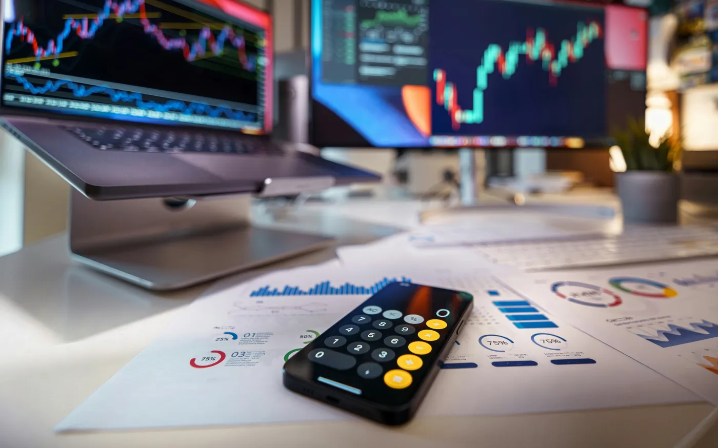 smartphone calculator on desk with financial charts behind by Jakub Żerdzicki courtesy of Unsplash.