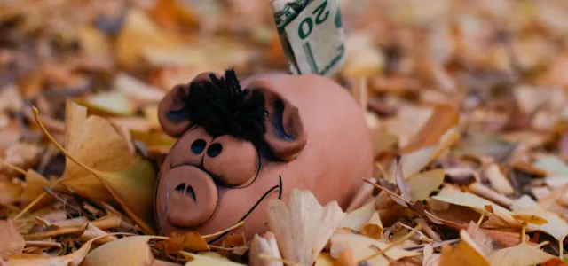 a piggy bank with a dollar bill sticking out of it by Alla Kemelmakher courtesy of Unsplash.